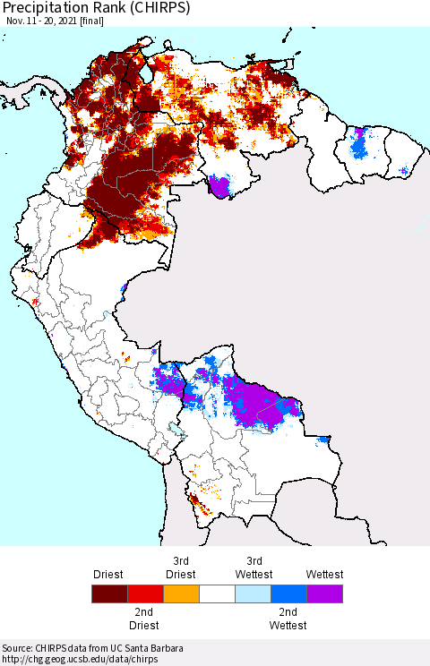 Northern South America Precipitation Rank since 1981 (CHIRPS) Thematic Map For 11/11/2021 - 11/20/2021