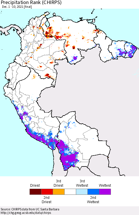 Northern South America Precipitation Rank since 1981 (CHIRPS) Thematic Map For 12/1/2021 - 12/10/2021