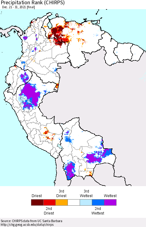 Northern South America Precipitation Rank since 1981 (CHIRPS) Thematic Map For 12/21/2021 - 12/31/2021