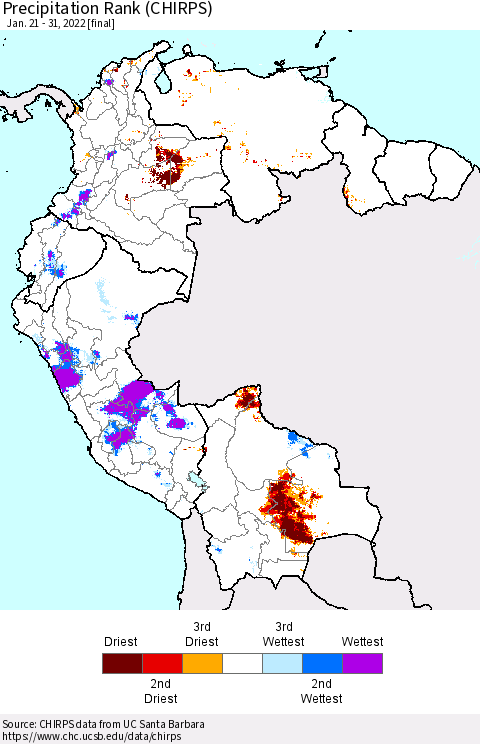 Northern South America Precipitation Rank (CHIRPS) Thematic Map For 1/21/2022 - 1/31/2022