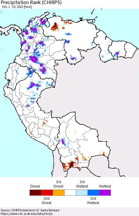 Northern South America Precipitation Rank since 1981 (CHIRPS) Thematic Map For 2/1/2022 - 2/10/2022