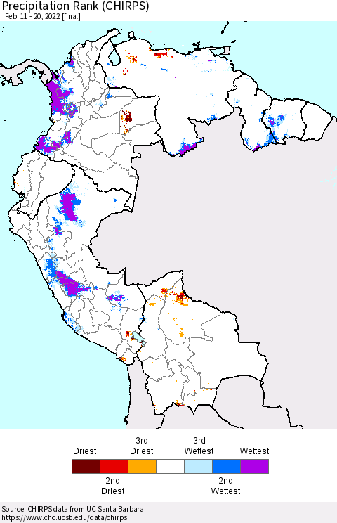 Northern South America Precipitation Rank since 1981 (CHIRPS) Thematic Map For 2/11/2022 - 2/20/2022