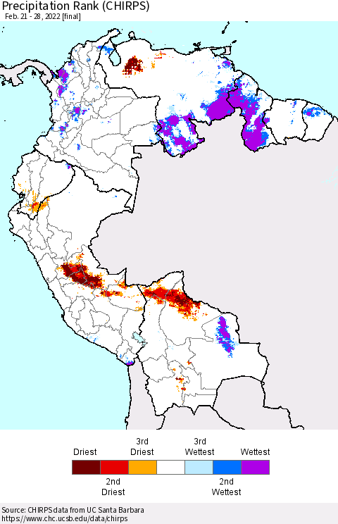Northern South America Precipitation Rank since 1981 (CHIRPS) Thematic Map For 2/21/2022 - 2/28/2022