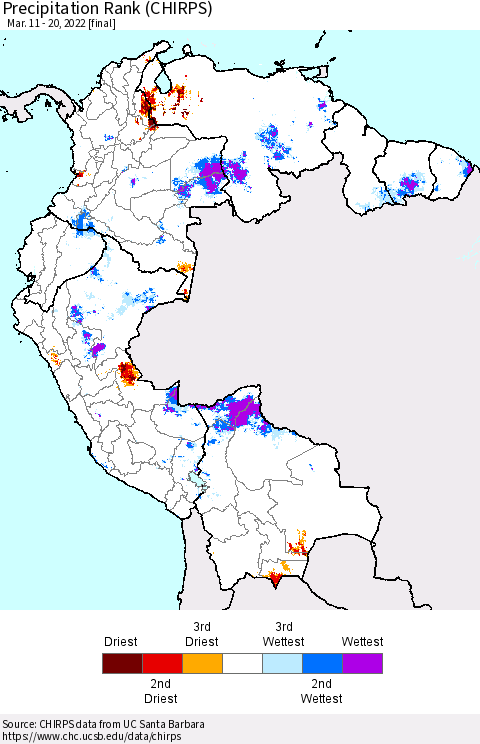 Northern South America Precipitation Rank since 1981 (CHIRPS) Thematic Map For 3/11/2022 - 3/20/2022