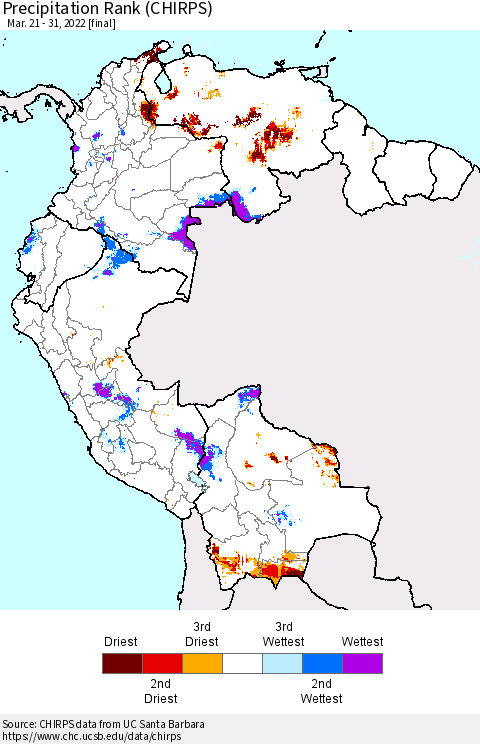 Northern South America Precipitation Rank (CHIRPS) Thematic Map For 3/21/2022 - 3/31/2022