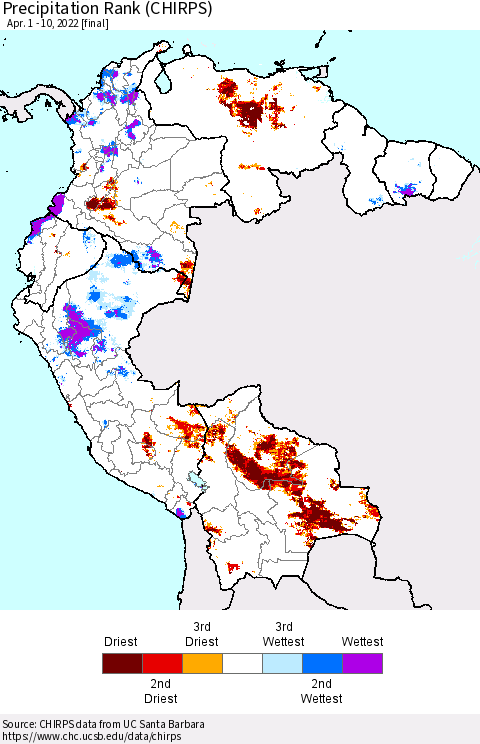 Northern South America Precipitation Rank since 1981 (CHIRPS) Thematic Map For 4/1/2022 - 4/10/2022