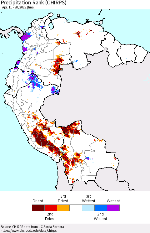 Northern South America Precipitation Rank since 1981 (CHIRPS) Thematic Map For 4/11/2022 - 4/20/2022
