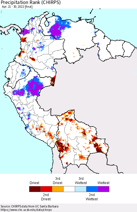 Northern South America Precipitation Rank since 1981 (CHIRPS) Thematic Map For 4/21/2022 - 4/30/2022