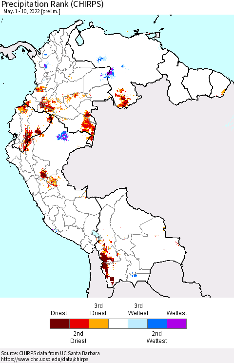 Northern South America Precipitation Rank (CHIRPS) Thematic Map For 5/1/2022 - 5/10/2022