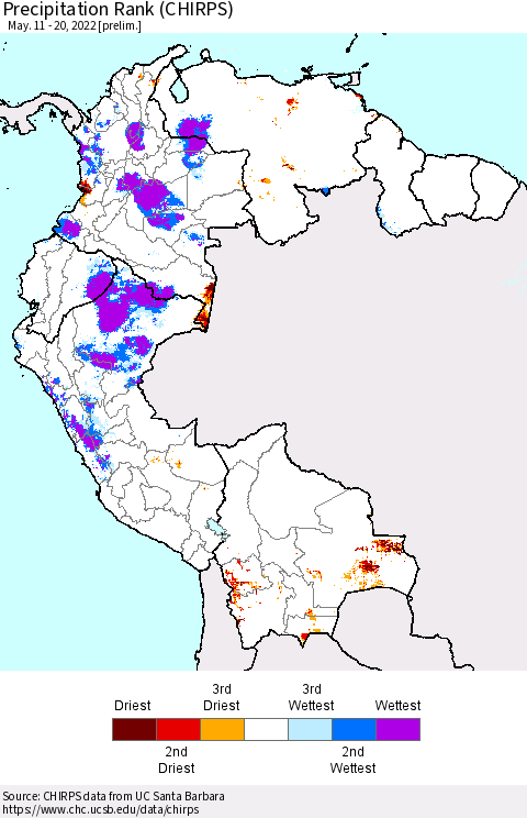 Northern South America Precipitation Rank (CHIRPS) Thematic Map For 5/11/2022 - 5/20/2022