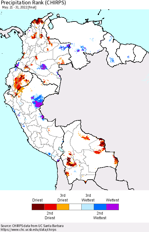 Northern South America Precipitation Rank since 1981 (CHIRPS) Thematic Map For 5/21/2022 - 5/31/2022