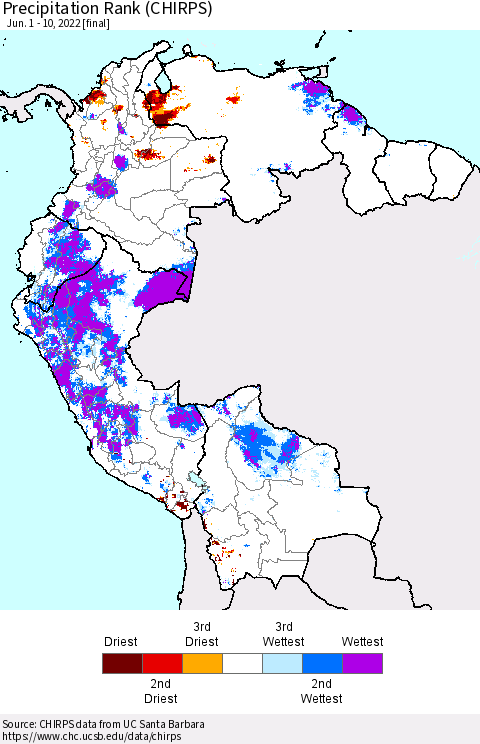 Northern South America Precipitation Rank since 1981 (CHIRPS) Thematic Map For 6/1/2022 - 6/10/2022