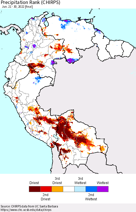 Northern South America Precipitation Rank (CHIRPS) Thematic Map For 6/21/2022 - 6/30/2022
