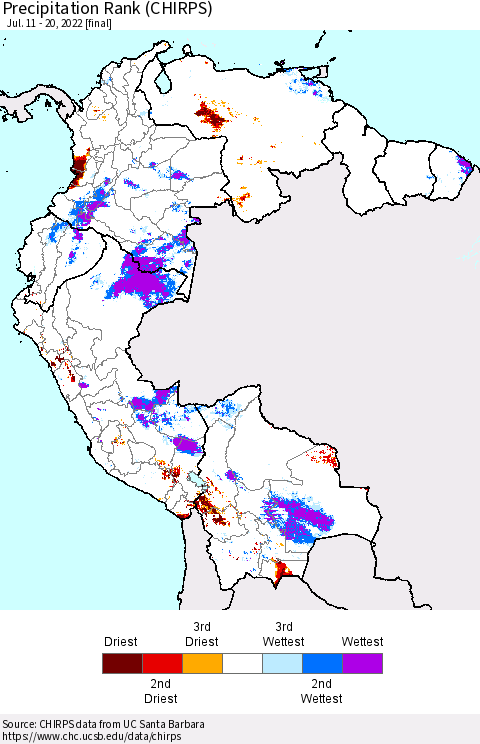 Northern South America Precipitation Rank (CHIRPS) Thematic Map For 7/11/2022 - 7/20/2022