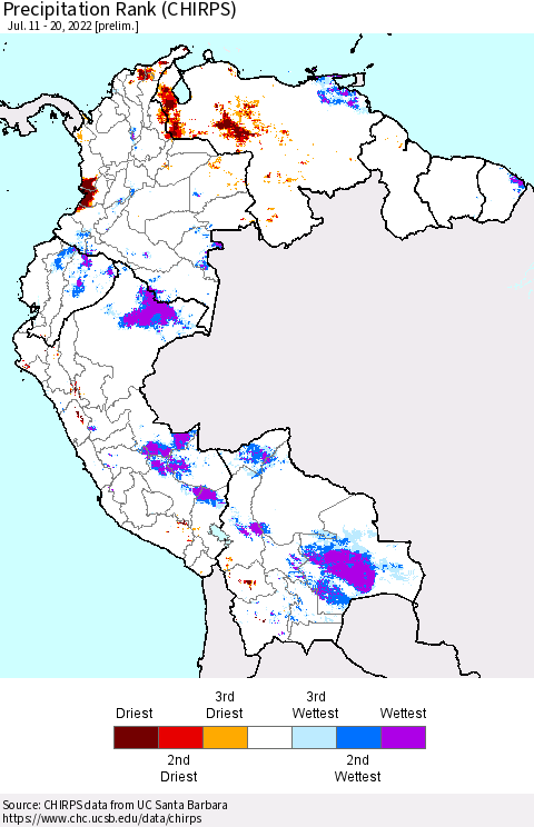 Northern South America Precipitation Rank (CHIRPS) Thematic Map For 7/11/2022 - 7/20/2022