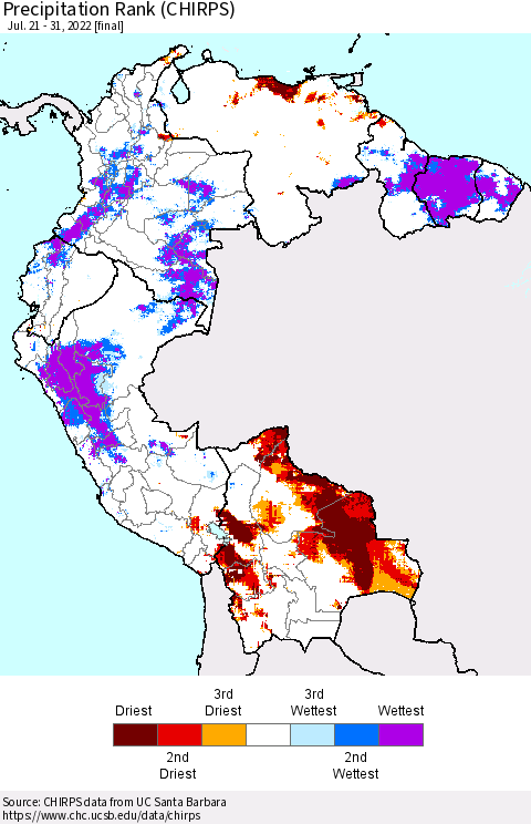 Northern South America Precipitation Rank since 1981 (CHIRPS) Thematic Map For 7/21/2022 - 7/31/2022