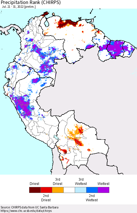 Northern South America Precipitation Rank (CHIRPS) Thematic Map For 7/21/2022 - 7/31/2022