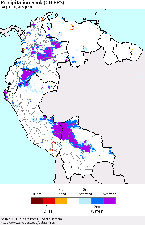 Northern South America Precipitation Rank (CHIRPS) Thematic Map For 8/1/2022 - 8/10/2022
