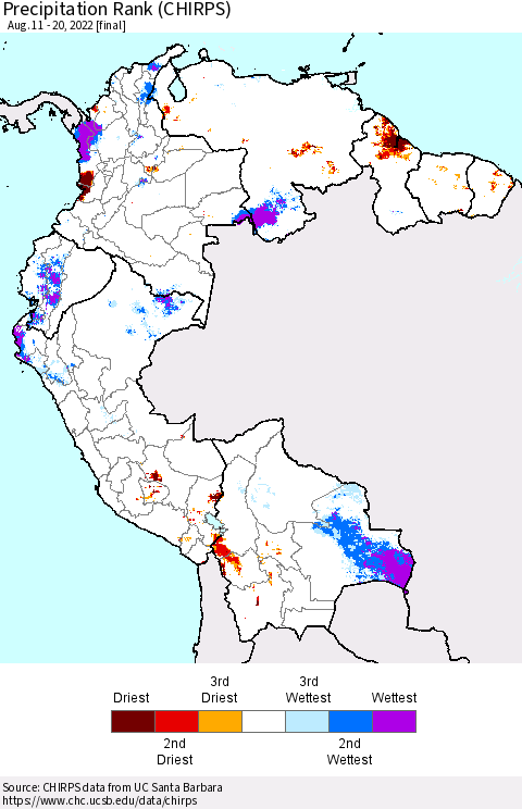 Northern South America Precipitation Rank since 1981 (CHIRPS) Thematic Map For 8/11/2022 - 8/20/2022