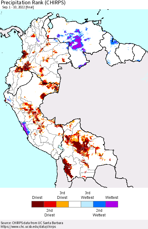 Northern South America Precipitation Rank (CHIRPS) Thematic Map For 9/1/2022 - 9/10/2022