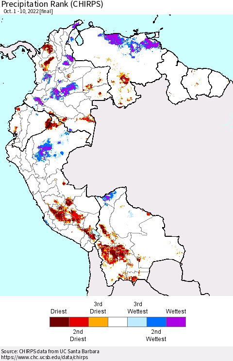 Northern South America Precipitation Rank (CHIRPS) Thematic Map For 10/1/2022 - 10/10/2022