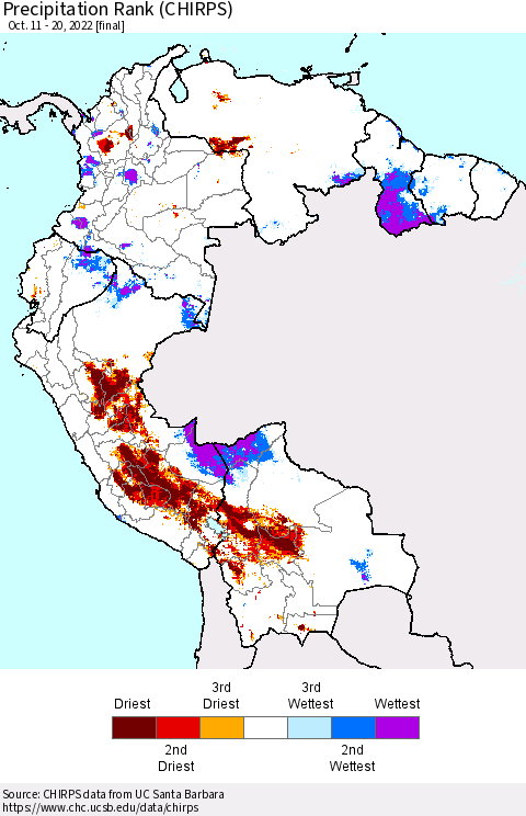 Northern South America Precipitation Rank since 1981 (CHIRPS) Thematic Map For 10/11/2022 - 10/20/2022