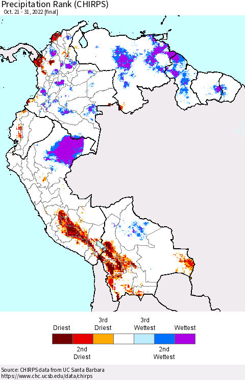 Northern South America Precipitation Rank (CHIRPS) Thematic Map For 10/21/2022 - 10/31/2022