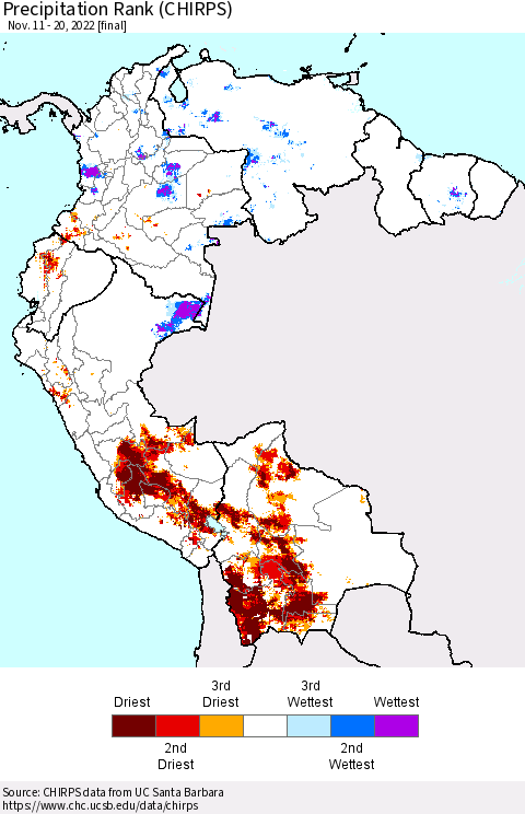 Northern South America Precipitation Rank (CHIRPS) Thematic Map For 11/11/2022 - 11/20/2022