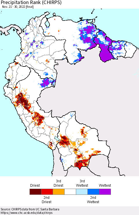 Northern South America Precipitation Rank (CHIRPS) Thematic Map For 11/21/2022 - 11/30/2022