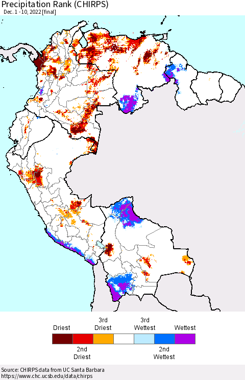 Northern South America Precipitation Rank (CHIRPS) Thematic Map For 12/1/2022 - 12/10/2022