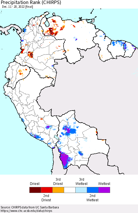 Northern South America Precipitation Rank (CHIRPS) Thematic Map For 12/11/2022 - 12/20/2022