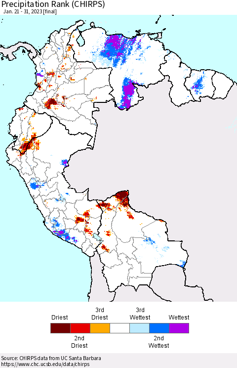 Northern South America Precipitation Rank (CHIRPS) Thematic Map For 1/21/2023 - 1/31/2023