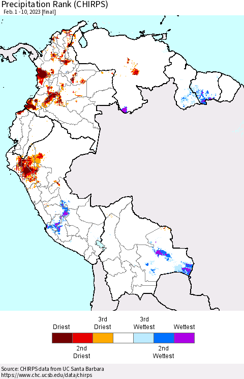 Northern South America Precipitation Rank (CHIRPS) Thematic Map For 2/1/2023 - 2/10/2023