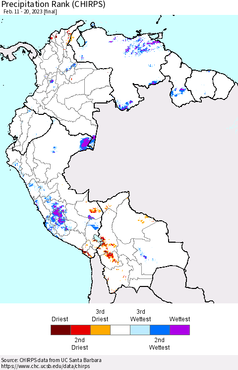 Northern South America Precipitation Rank (CHIRPS) Thematic Map For 2/11/2023 - 2/20/2023