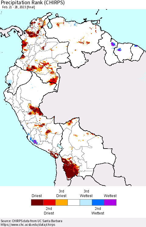 Northern South America Precipitation Rank (CHIRPS) Thematic Map For 2/21/2023 - 2/28/2023