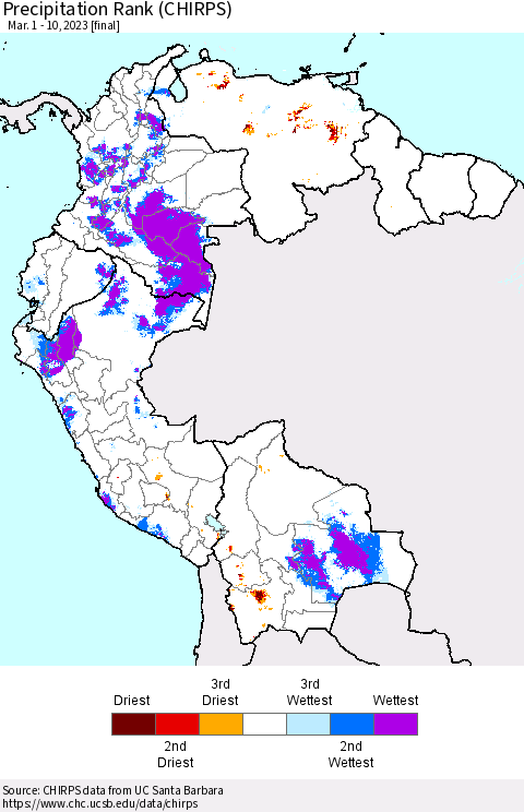 Northern South America Precipitation Rank (CHIRPS) Thematic Map For 3/1/2023 - 3/10/2023