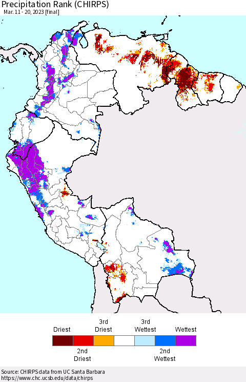 Northern South America Precipitation Rank since 1981 (CHIRPS) Thematic Map For 3/11/2023 - 3/20/2023