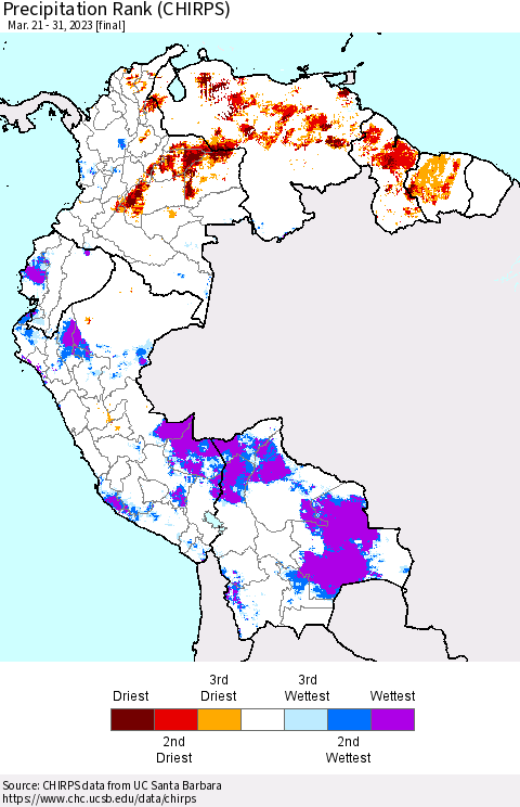 Northern South America Precipitation Rank (CHIRPS) Thematic Map For 3/21/2023 - 3/31/2023