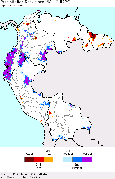 Northern South America Precipitation Rank since 1981 (CHIRPS) Thematic Map For 4/1/2023 - 4/10/2023