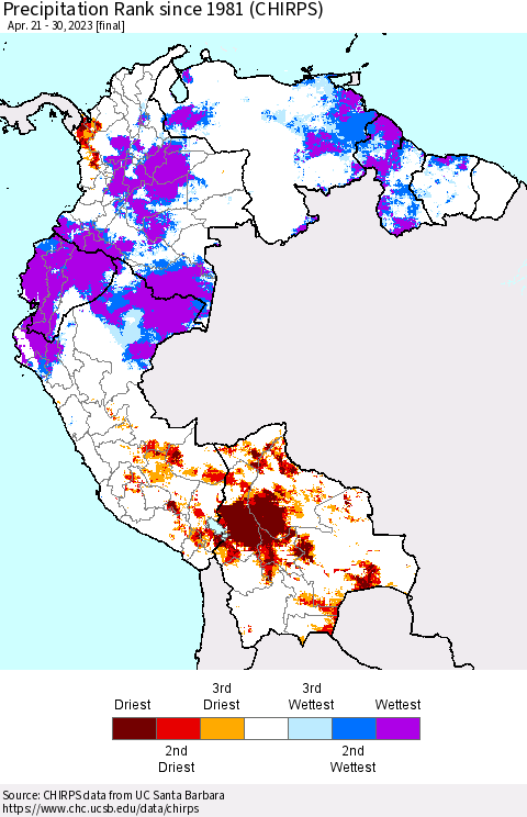 Northern South America Precipitation Rank (CHIRPS) Thematic Map For 4/21/2023 - 4/30/2023