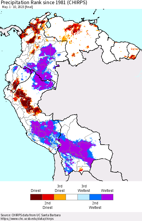 Northern South America Precipitation Rank since 1981 (CHIRPS) Thematic Map For 5/1/2023 - 5/10/2023