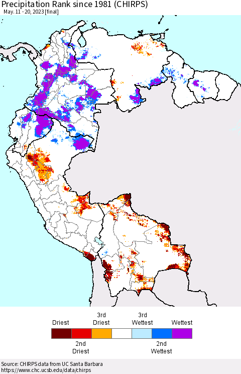 Northern South America Precipitation Rank since 1981 (CHIRPS) Thematic Map For 5/11/2023 - 5/20/2023