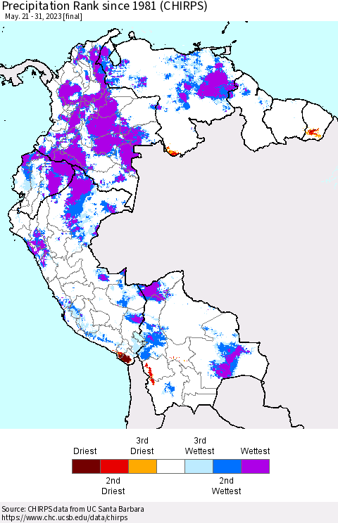 Northern South America Precipitation Rank since 1981 (CHIRPS) Thematic Map For 5/21/2023 - 5/31/2023