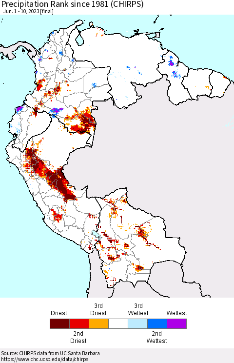 Northern South America Precipitation Rank since 1981 (CHIRPS) Thematic Map For 6/1/2023 - 6/10/2023