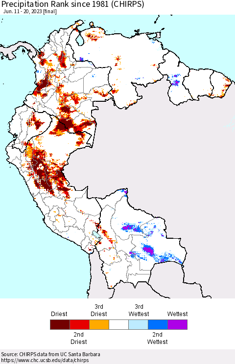 Northern South America Precipitation Rank since 1981 (CHIRPS) Thematic Map For 6/11/2023 - 6/20/2023