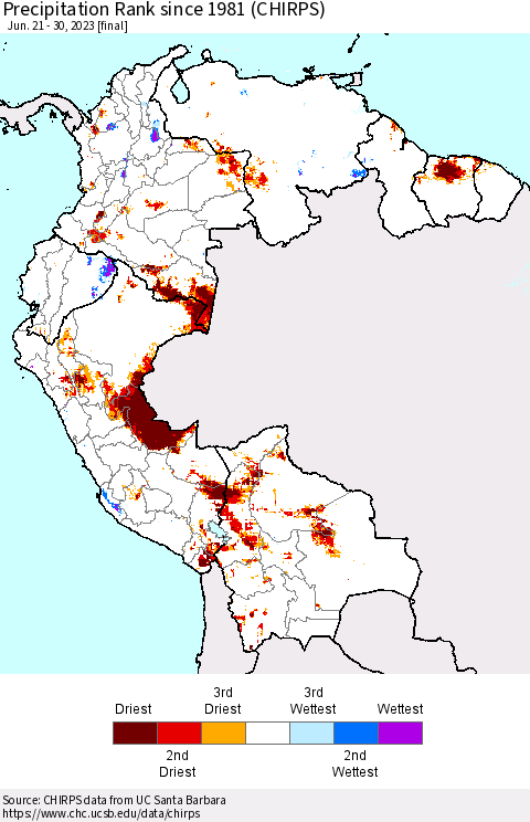 Northern South America Precipitation Rank since 1981 (CHIRPS) Thematic Map For 6/21/2023 - 6/30/2023
