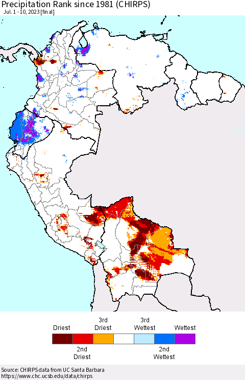 Northern South America Precipitation Rank since 1981 (CHIRPS) Thematic Map For 7/1/2023 - 7/10/2023