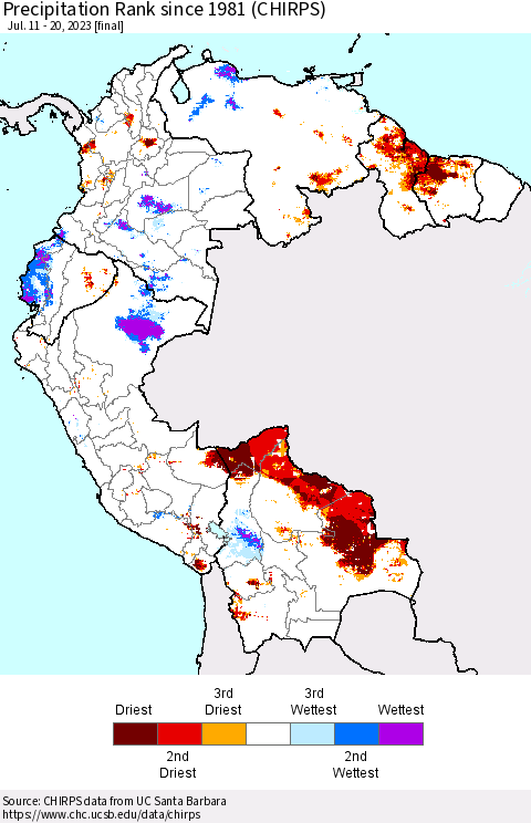 Northern South America Precipitation Rank since 1981 (CHIRPS) Thematic Map For 7/11/2023 - 7/20/2023