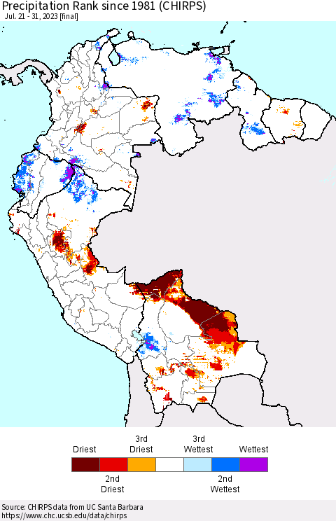 Northern South America Precipitation Rank since 1981 (CHIRPS) Thematic Map For 7/21/2023 - 7/31/2023