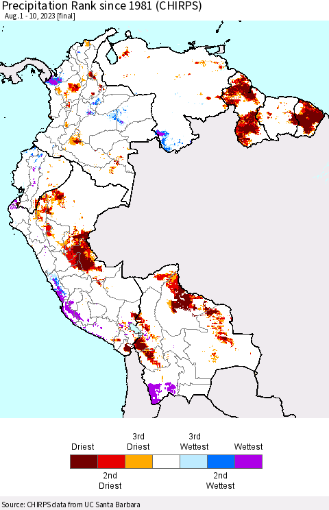 Northern South America Precipitation Rank since 1981 (CHIRPS) Thematic Map For 8/1/2023 - 8/10/2023